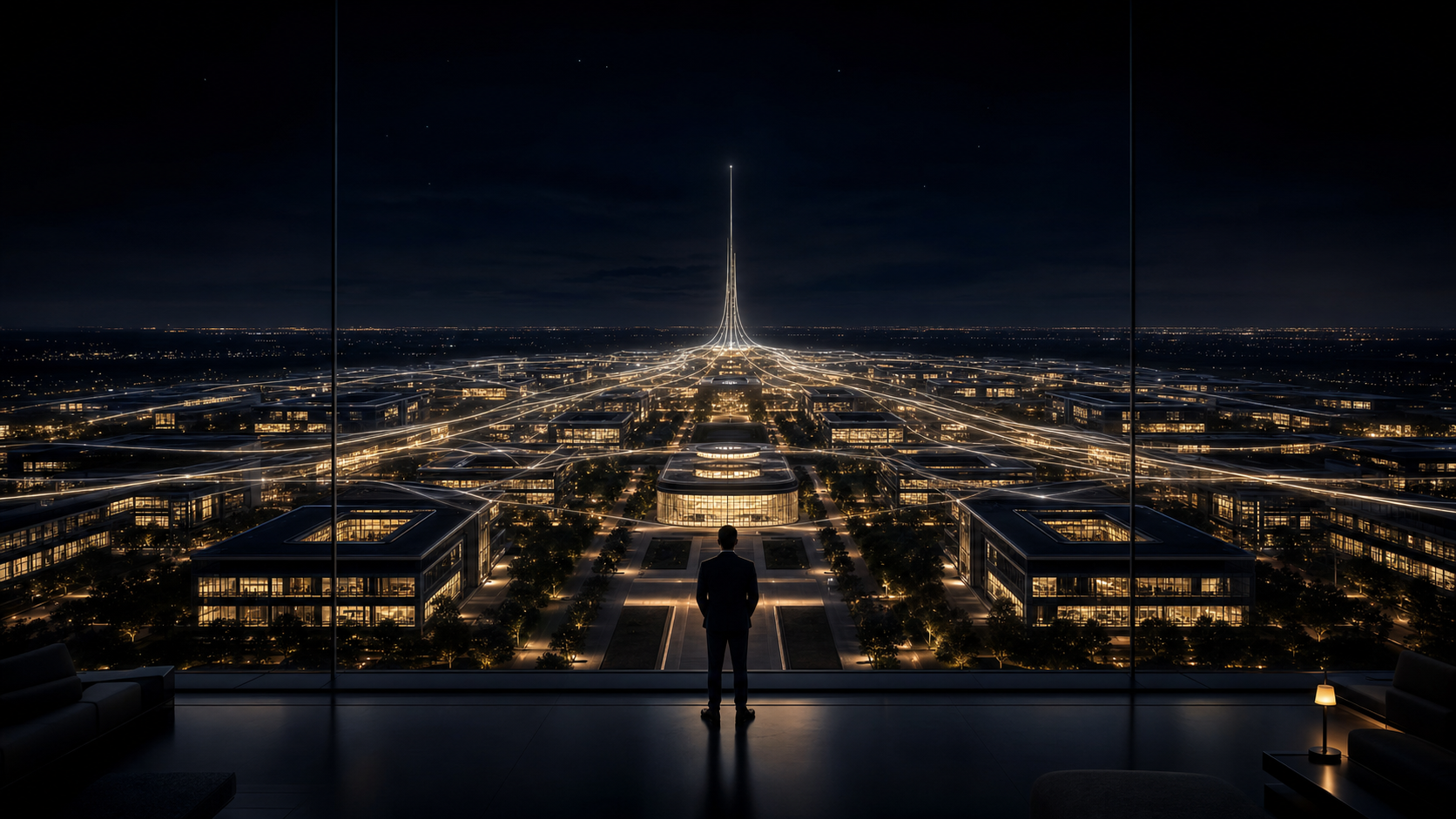 A leader overlooking an immense illuminated autonomous organization